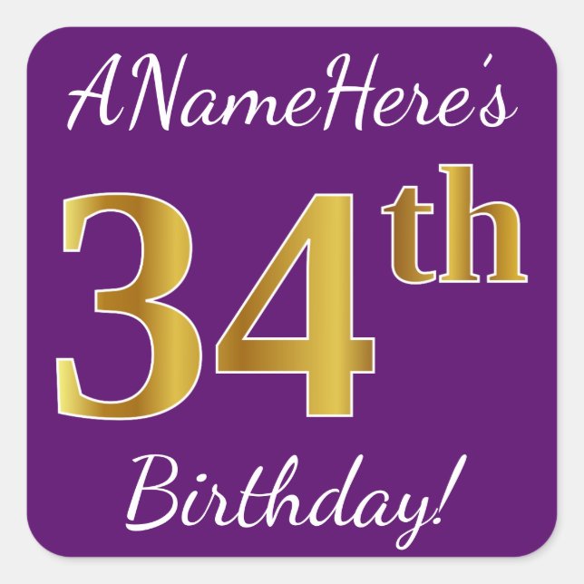 Purple, Faux Gold 34th Birthday + Custom Name Square Sticker (Front)