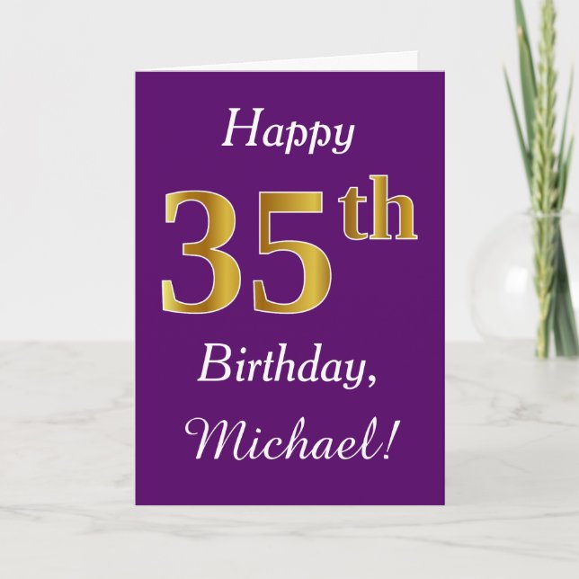 Purple, Faux Gold 35th Birthday + Custom Name Card (Front)