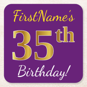 Purple, Faux Gold 35th Birthday + Custom Name Square Paper Coaster