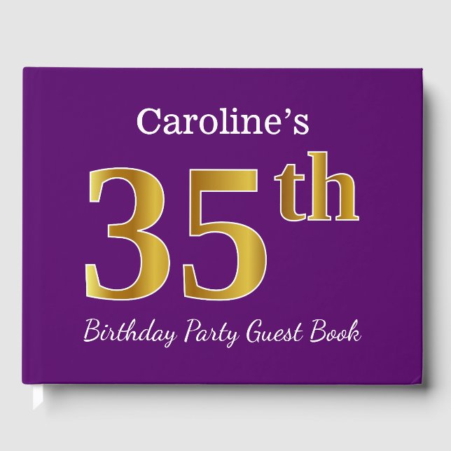 Purple, Faux Gold 35th Birthday Party; Custom Name Guest Book (Front)