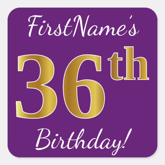 Purple, Faux Gold 36th Birthday + Custom Name Square Sticker (Front)