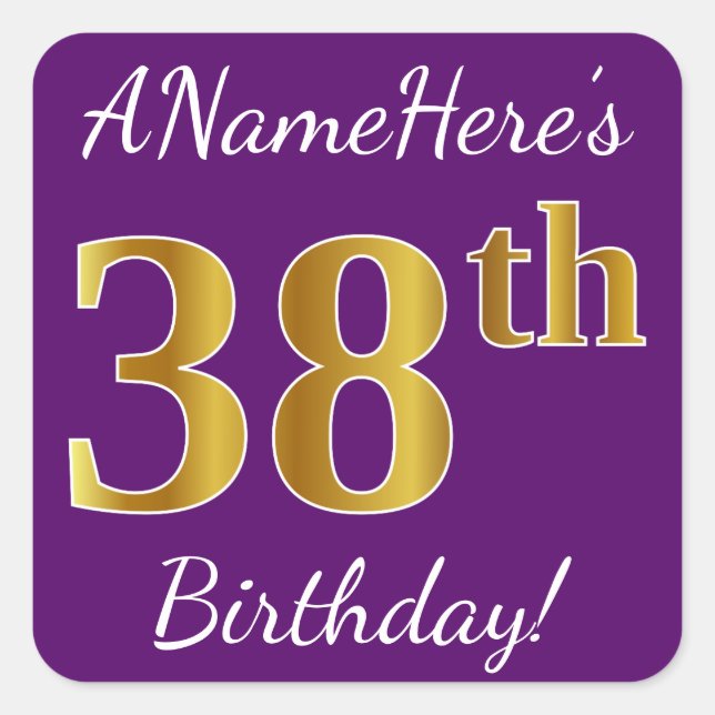 Purple, Faux Gold 38th Birthday + Custom Name Square Sticker (Front)