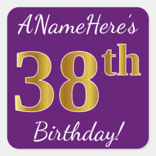 Purple, Faux Gold 38th Birthday + Custom Name Square Sticker