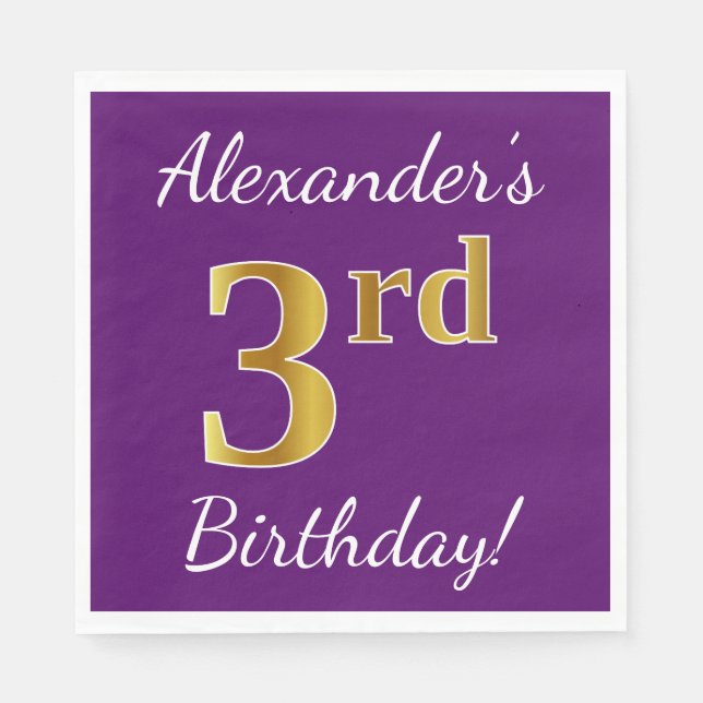 Purple, Faux Gold 3rd Birthday + Custom Name Napkin (Front)