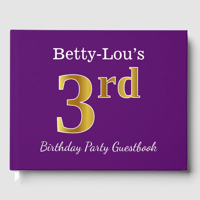 Purple, Faux Gold 3rd Birthday Party + Custom Name Guest Book (Front)