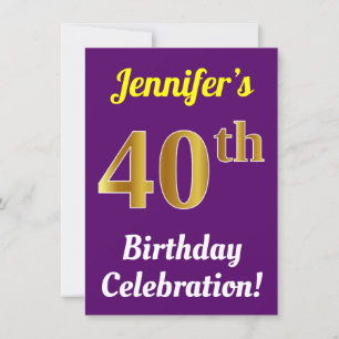 Purple, Faux Gold 40th Birthday Celebration + Name Invitation
