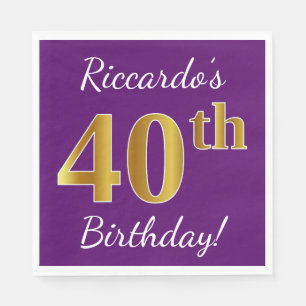 Purple, Faux Gold 40th Birthday + Custom Name Napkin