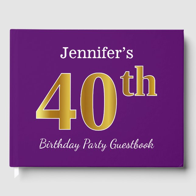 Purple, Faux Gold 40th Birthday Party; Custom Name Guest Book (Front)