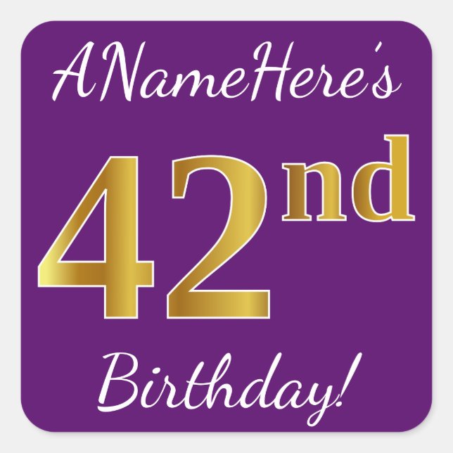 Purple, Faux Gold 42nd Birthday + Custom Name Square Sticker (Front)