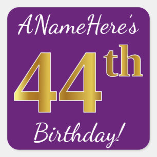 Purple, Faux Gold 44th Birthday + Custom Name Square Sticker