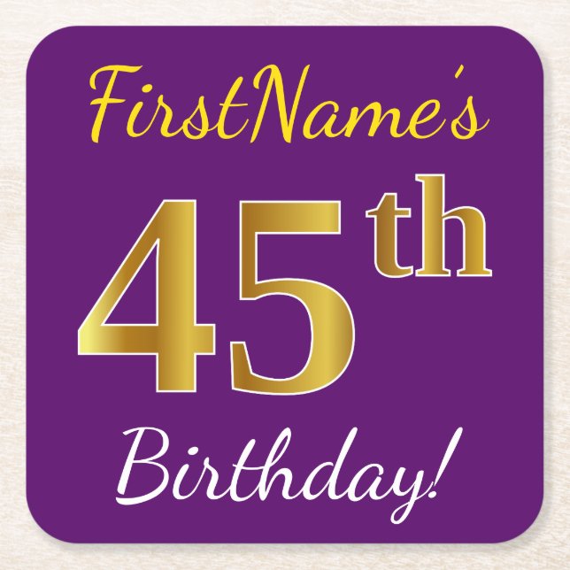 Purple, Faux Gold 45th Birthday + Custom Name Square Paper Coaster (Front)