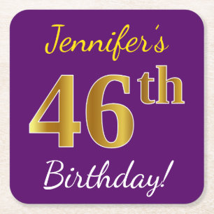 Purple, Faux Gold 46th Birthday + Custom Name Square Paper Coaster