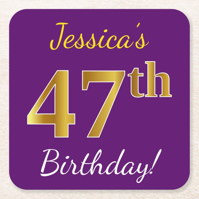 Purple, Faux Gold 47th Birthday + Custom Name Square Paper Coaster (Front)