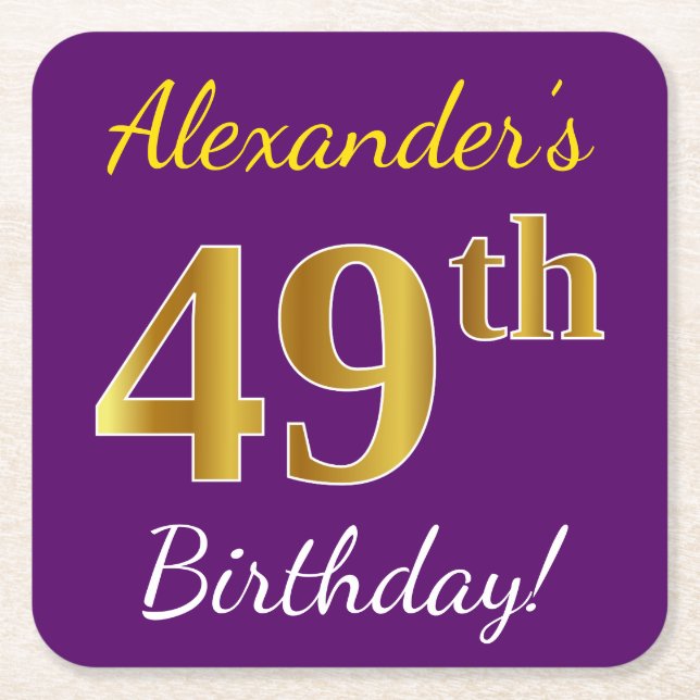 Purple, Faux Gold 49th Birthday + Custom Name Square Paper Coaster (Front)