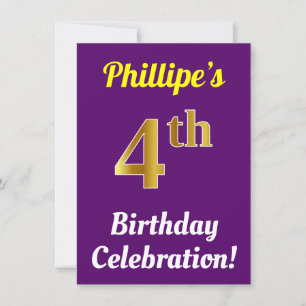 Purple, Faux Gold 4th Birthday Celebration + Name Invitation