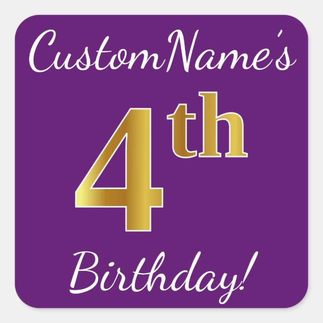 Purple, Faux Gold 4th Birthday + Custom Name Square Sticker (Front)