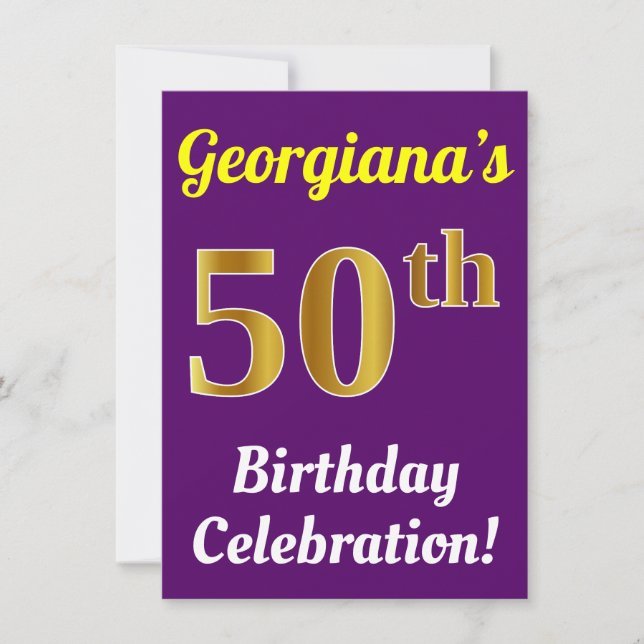 Purple, Faux Gold 50th Birthday Celebration + Name Invitation (Front)