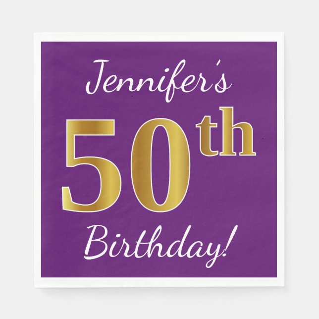 Purple, Faux Gold 50th Birthday + Custom Name Napkin (Front)