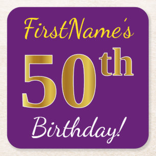 Purple, Faux Gold 50th Birthday + Custom Name Square Paper Coaster