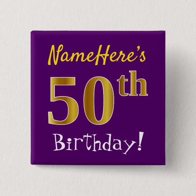 Purple, Faux Gold 50th Birthday, With Custom Name 15 Cm Square Badge (Front)