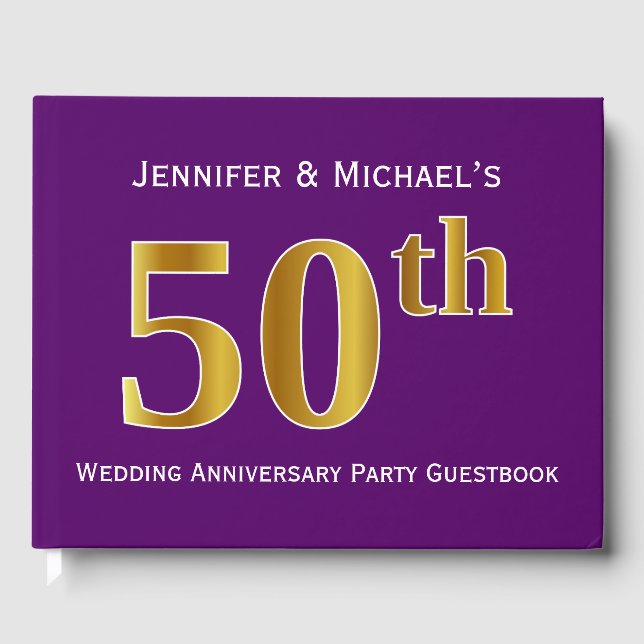 Purple, Faux Gold 50th Wedding Anniversary Party Guest Book (Front)