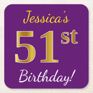 Purple, Faux Gold 51st Birthday + Custom Name Square Paper Coaster