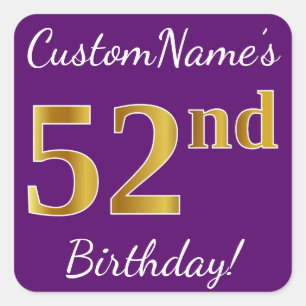 Purple, Faux Gold 52nd Birthday + Custom Name Square Sticker