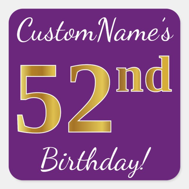 Purple, Faux Gold 52nd Birthday + Custom Name Square Sticker (Front)