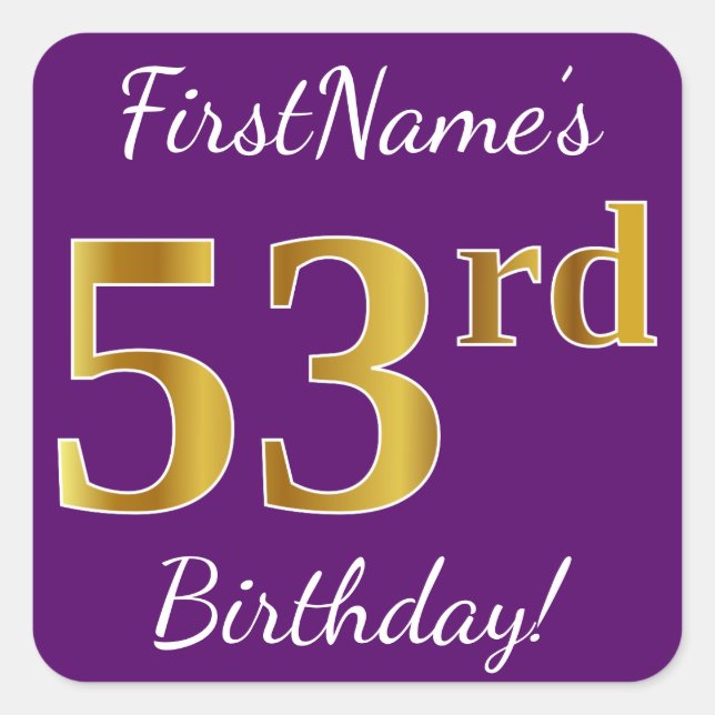 Purple, Faux Gold 53rd Birthday + Custom Name Square Sticker (Front)