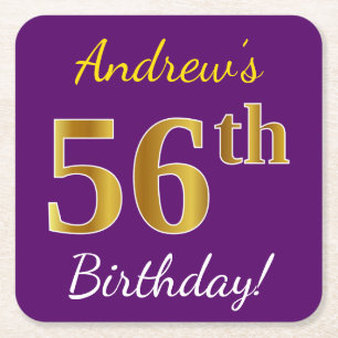 Purple, Faux Gold 56th Birthday + Custom Name Square Paper Coaster