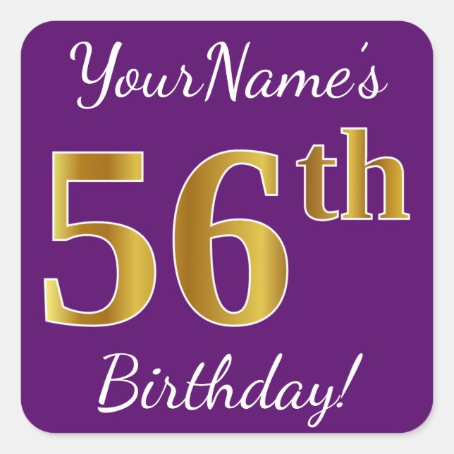 Purple, Faux Gold 56th Birthday + Custom Name Square Sticker (Front)