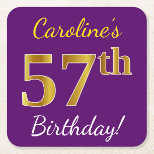 Purple, Faux Gold 57th Birthday + Custom Name Square Paper Coaster