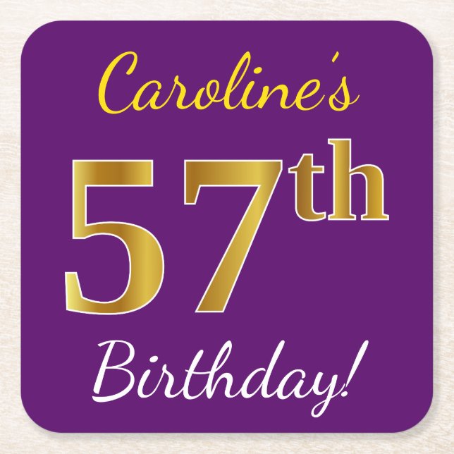 Purple, Faux Gold 57th Birthday + Custom Name Square Paper Coaster (Front)