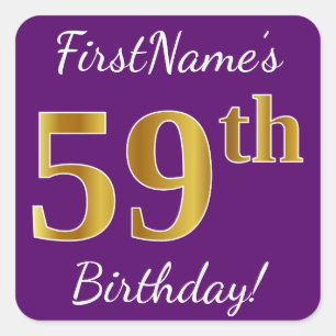 Purple, Faux Gold 59th Birthday + Custom Name Square Sticker