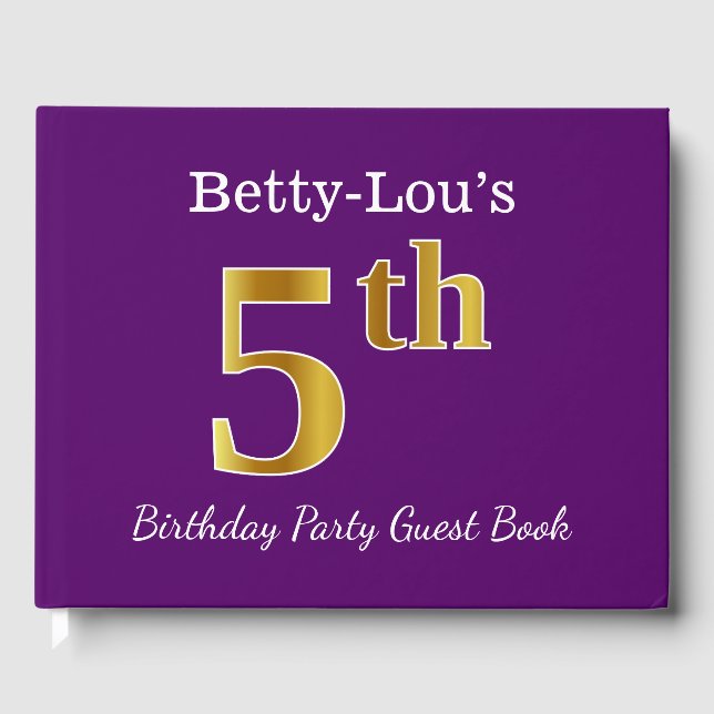 Purple, Faux Gold 5th Birthday Party + Custom Name Guest Book (Front)