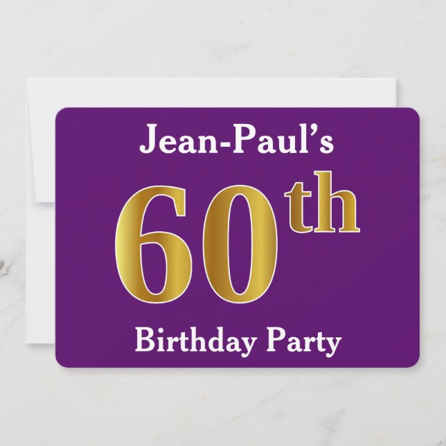 Purple, Faux Gold 60th Birthday Party; Custom Name Invitation (Front)