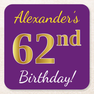 Purple, Faux Gold 62nd Birthday + Custom Name Square Paper Coaster