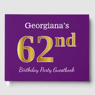 Purple, Faux Gold 62nd Birthday Party; Custom Name Guest Book