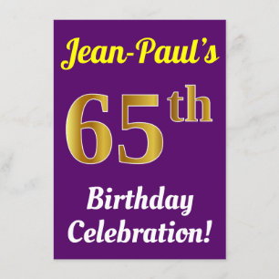 Purple, Faux Gold 65th Birthday Celebration + Name Invitation