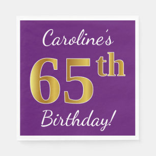 Purple, Faux Gold 65th Birthday + Custom Name Napkin