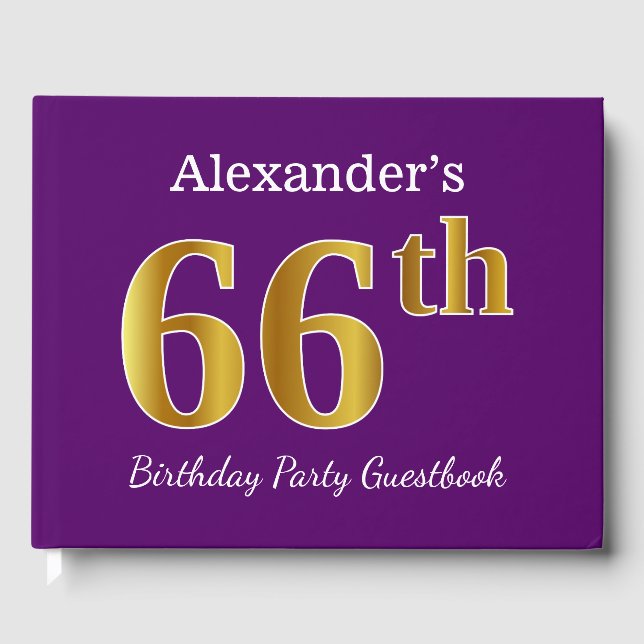 Purple, Faux Gold 66th Birthday Party; Custom Name Guest Book (Front)