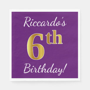 Purple, Faux Gold 6th Birthday + Custom Name Napkin