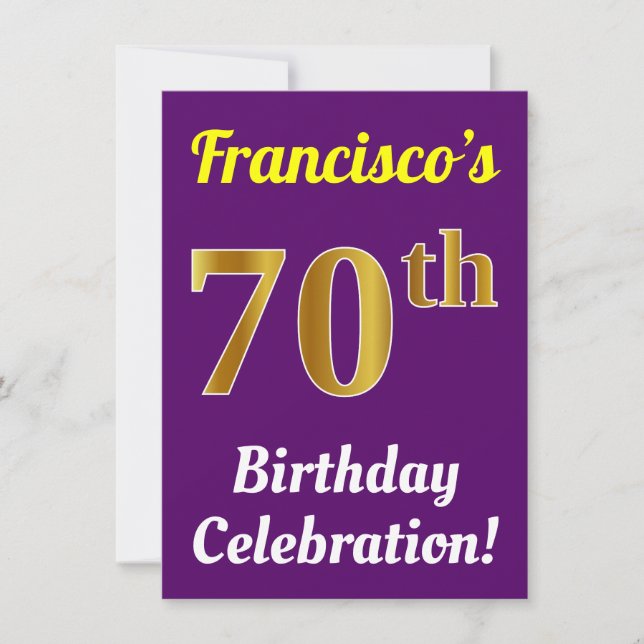 Purple, Faux Gold 70th Birthday Celebration + Name Invitation (Front)