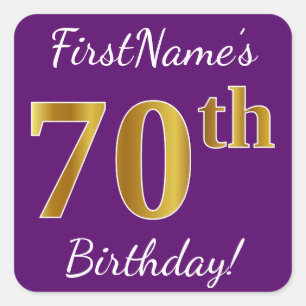Purple, Faux Gold 70th Birthday + Custom Name Square Sticker