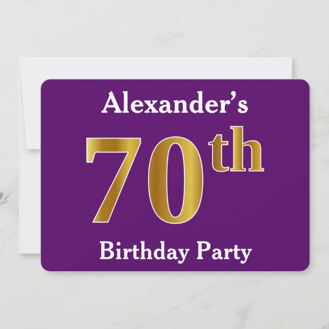 Purple, Faux Gold 70th Birthday Party; Custom Name Invitation (Front)