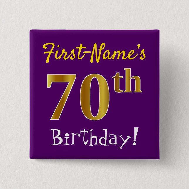 Purple, Faux Gold 70th Birthday, With Custom Name 15 Cm Square Badge (Front)