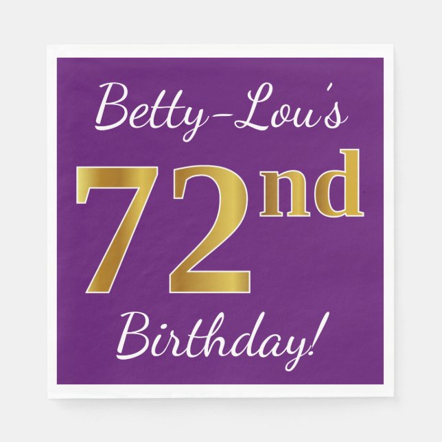 Purple, Faux Gold 72nd Birthday + Custom Name Napkin (Front)