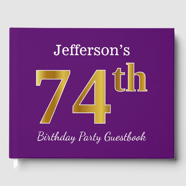 Purple, Faux Gold 74th Birthday Party; Custom Name Guest Book (Front)