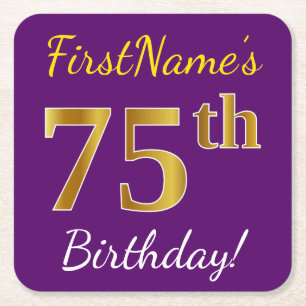 Purple, Faux Gold 75th Birthday + Custom Name Square Paper Coaster