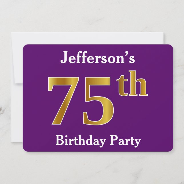 Purple, Faux Gold 75th Birthday Party; Custom Name Invitation (Front)